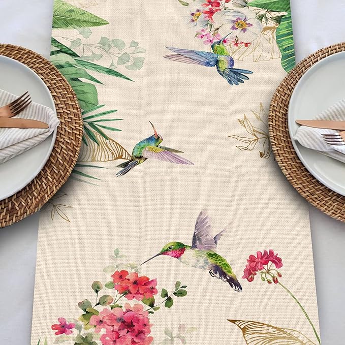 Seliem Summer Tropical Hummingbird Palm Leaf Greenery Table Runner, Spring Birds Home Kitchen Monstera Geranium Flowers Dining Decor, Seasonal Burlap Decorations Anniversary Party Supply 13 x 72 Inch