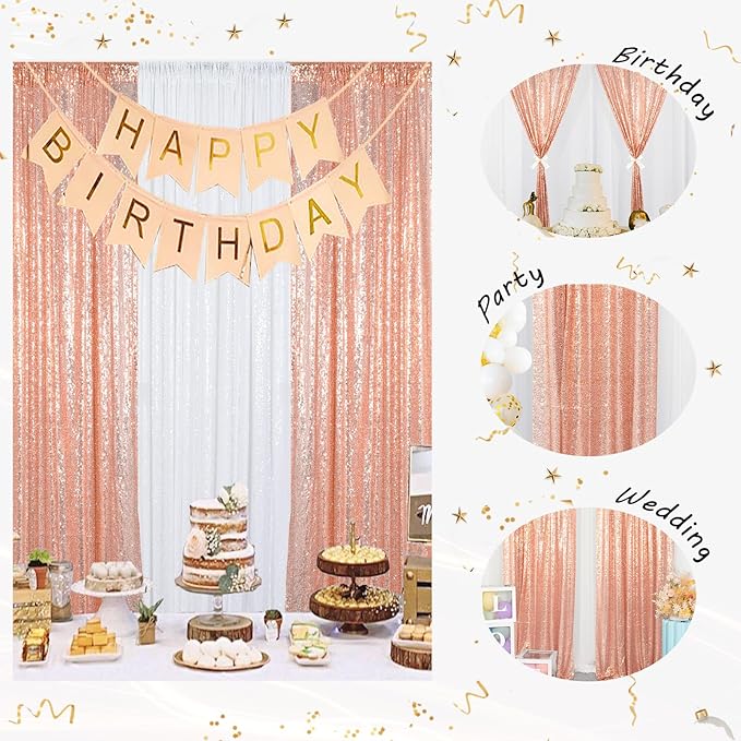 ShinyBeauty Rose Gold Backdrop Curtain 10ft Sequin Backdrop-Curtain 4 Panels Curtains Gold Photography Background for Christmas Halloween Xmas