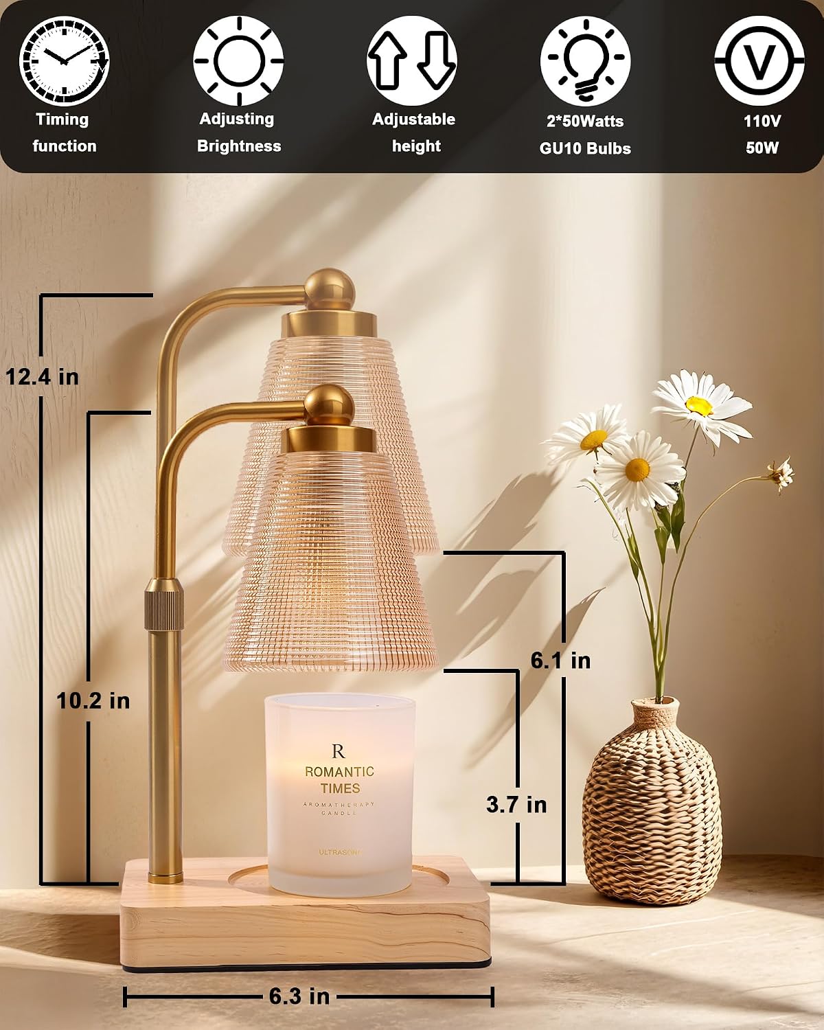 Candle Warmer Lamp with Timer - Adjustable Height & Brightness - Wood Base Glass Shade - 2 Bulbs Included(Square Gold)