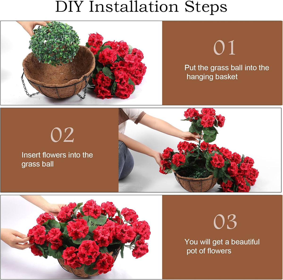 hananona 2 set artificial red geraniums flowers for, side view