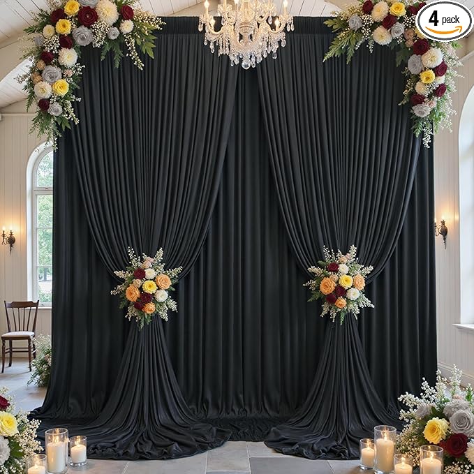 20x12ft Wrinkle Free Black Backdrop Curtain for Wedding Parties, 4 Panels 5×12 ft Long Soft Silky Polyester Fabric Backdrop Drapes Black Photo Back Drop Curtains for Party Photography Background Cloth