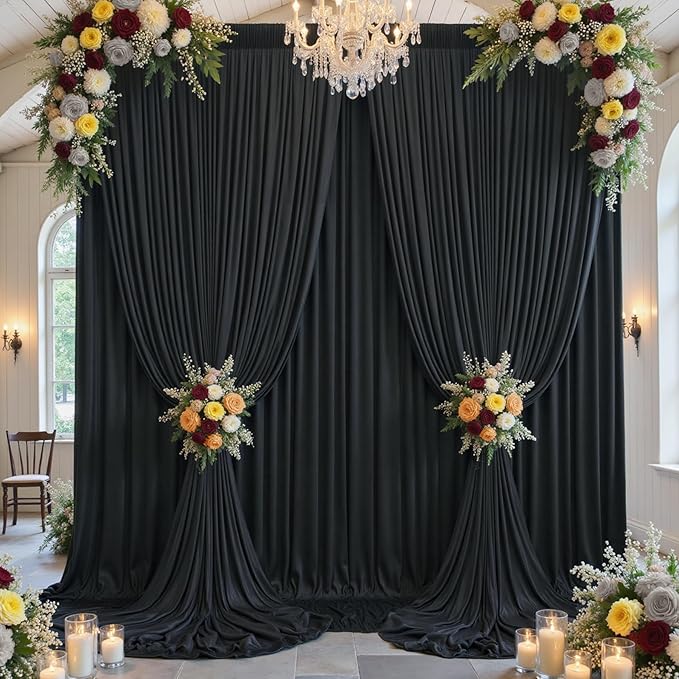 40x12ft Wrinkle Free Black Backdrop Curtain for Wedding Parties, 8 Panels 5×12 ft Long Soft Silky Polyester Fabric Backdrop Drapes Black Photo Back Drop Curtains for Party Photography Background Cloth