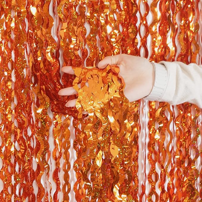 4 Pack Orange Wavy Metallic Tinsel Foil Fringe Curtains | 3.3 ft x 6.6 ft Party Streamer Backdrop Photo Booth for Orange Basketball Party Decorations Holloween Christmas