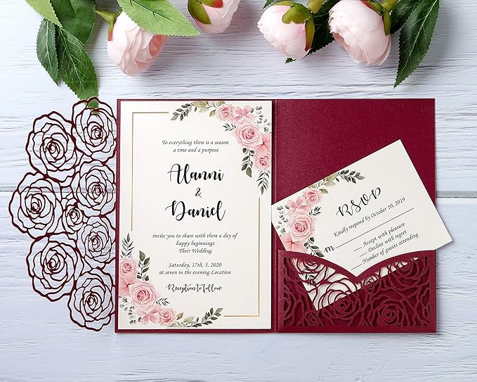 20 Pcs Laser Cut Wedding Invitations Card Pocket with Envelope for Birthday Party Baby or Bride Shower Invite suitable for 5 * 7 Inches Insert Paper (Burgundy)