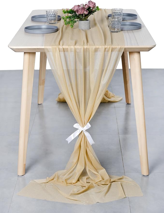 MDS 2 Pack 10ft Chiffon Table Runner 29 x 120 Inches Sheer Wedding Runner Romantic Rustic Table Runner for Wedding Decorations, Birthday Parties, Bridal Shower Party Arch Decor - Champagne Gold