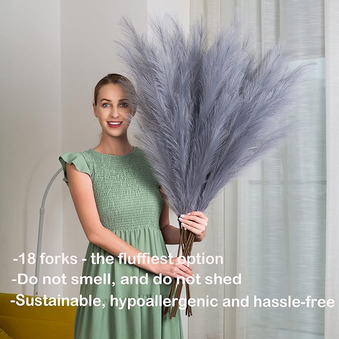 Faux Pampas Grass 6 Stems, Artificial Pampas Grass - 43''/3.6FT Total Extra Large Pompass Grass Tall Pompous Boho Flower Arrangement and Floor Vase Filler Home Decor for Room Wedding Party (Grey)