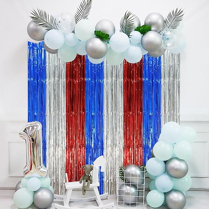 2 Pack Blue Red Silver Foil Fringe Backdrop Curtains, Tinsel Streamers Party Decorations, Fringe Backdrop, Door Shimmer for Independence Day or Birthday Party