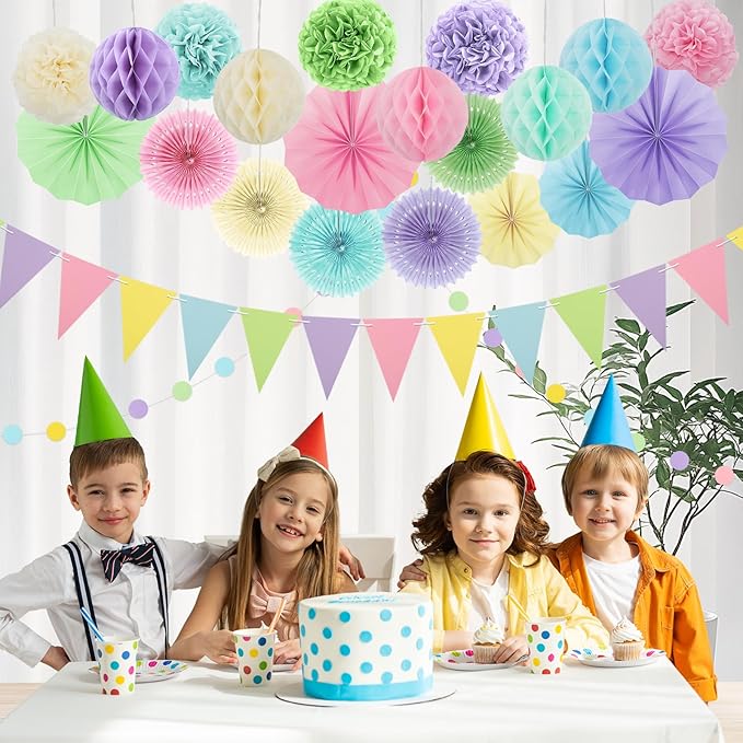 Pastel Party Decorations, 24Pcs Birthday Classroom Baby Shower Decor with Hanging Paper Fans, Pom Poms Flowers Packs for Girls Kids Birthday Rainbow Party, Macaron Carnival Theme Hanging Supplies