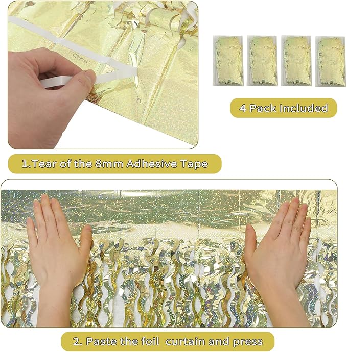4 Pack Wavy Sparkle Champagne Gold Metallic Tinsel Foil Fringe Curtains Photo Booth Backdrop | Gold Streamer Backdrop for Holiday Celebration Bachelorette Party Decorations