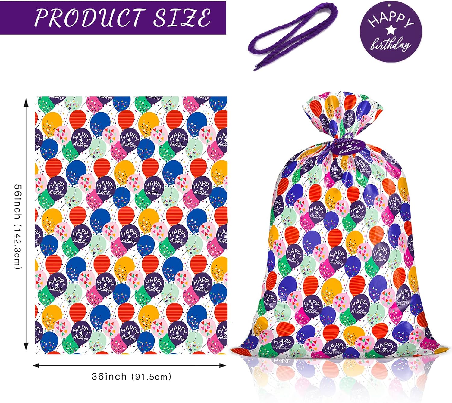 WRAPAHOLIC 56" Large Birthday Plastic Gift Bag - Colorful Balloon with Confetti Design for Kids Birthdays, Parties or Celebrating - 56" H x 36" W