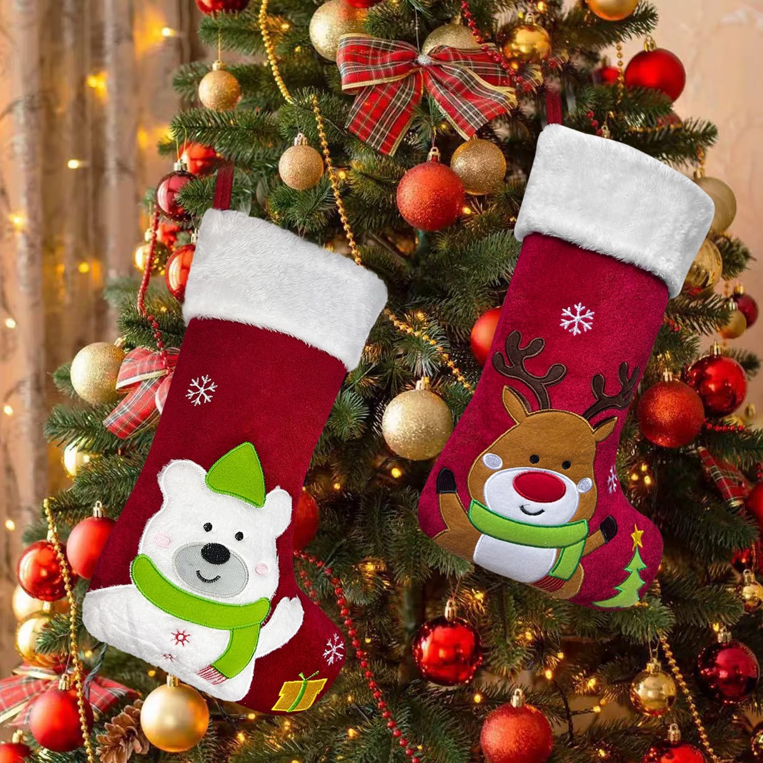 Reindeer Christmas Stockings Animal, 20" Velvet Cute 3D Deer Penguin Polar Bear Moose Xmas Stocking for Kids Girls Boys Women
