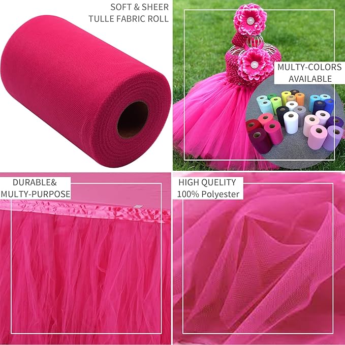 Fuchsia Tulle Fabric Rolls 6 Inch by 100 Yards (300 feet) Fabric Spool Tulle Ribbon for DIY Tutu Baby Shower Birthday Party Wedding Halloween Decorations Christmas Craft Supplies