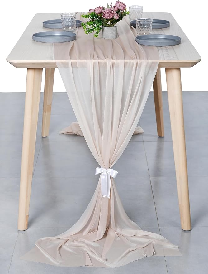 MDS 2 Pack 14ft Chiffon Table Runner 29 x 170 Inches Sheer Wedding Runner Romantic Rustic Table Runner for Wedding Decorations, Birthday Parties, Bridal Shower Party Arch Decor - Nude
