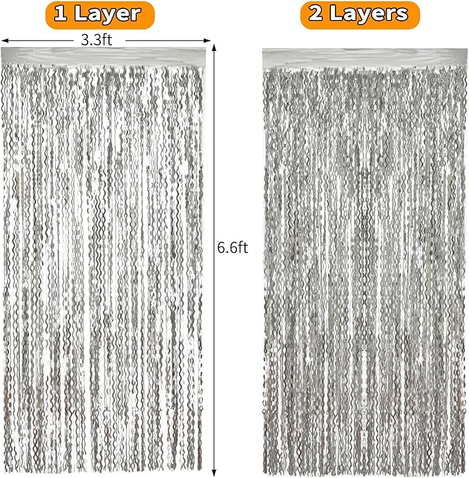 4 Pack 3.3x6.6ft Silver Foil Fringe Backdrop - Wavy Metallic Tinsel Foil Curtains Photo Booth Backdrop for Birthday Wedding Holiday | Silver Streamers Celebration Bachelorette Party Decorations