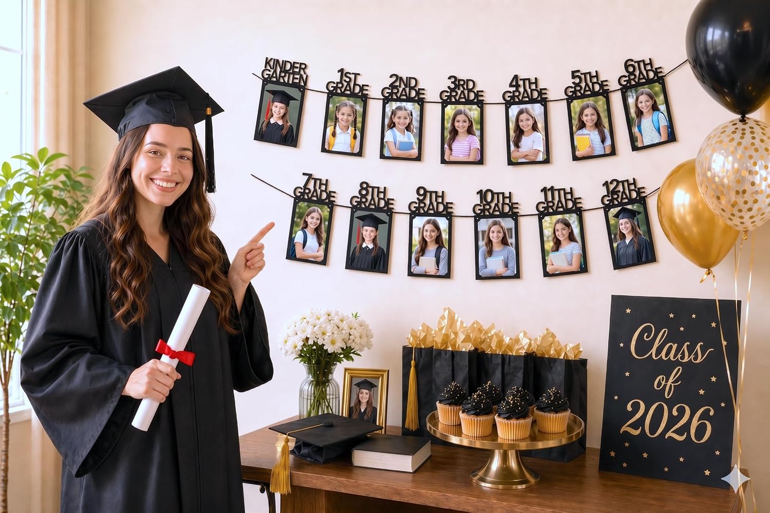PartyHooman Graduation Photo Banner K-12, Kindergarten to 12th Grade for Middle/Junior, High/Senior Graduation Decorations 2026 | Class of 2026 Party Decorations |Pictures Party Supplies (Pre-strung)