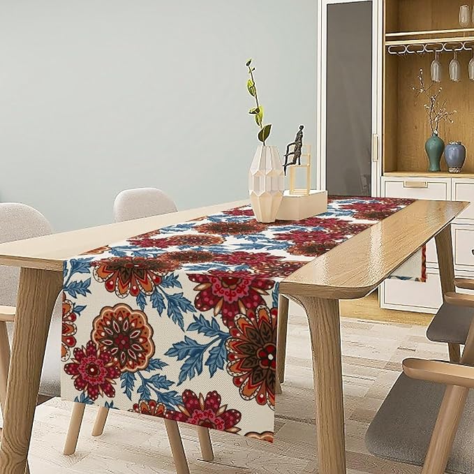 Mandala Flower Table Runner, Vintage Oriental Exotic Native Red Floral Blue Branch Leaves Botanical Print Table Runner for Farmhouse Kitchen Dining Table Decor, 13x60inch
