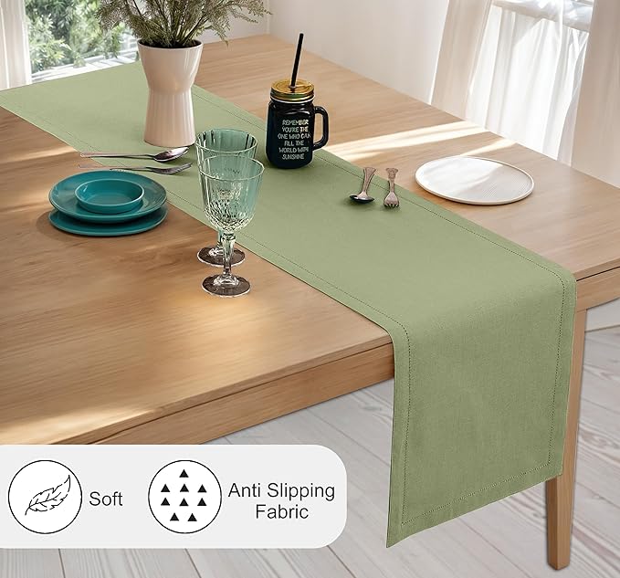 Ruvanti Linen Table Runner 90 Inches, Classic Hemstitch, Washable, Reusable, Non-Slipping, Stain Resistant- Perfect for Parties, Weddings, Dinners, Thanksgiving, Christmas, Indoor use – Olive