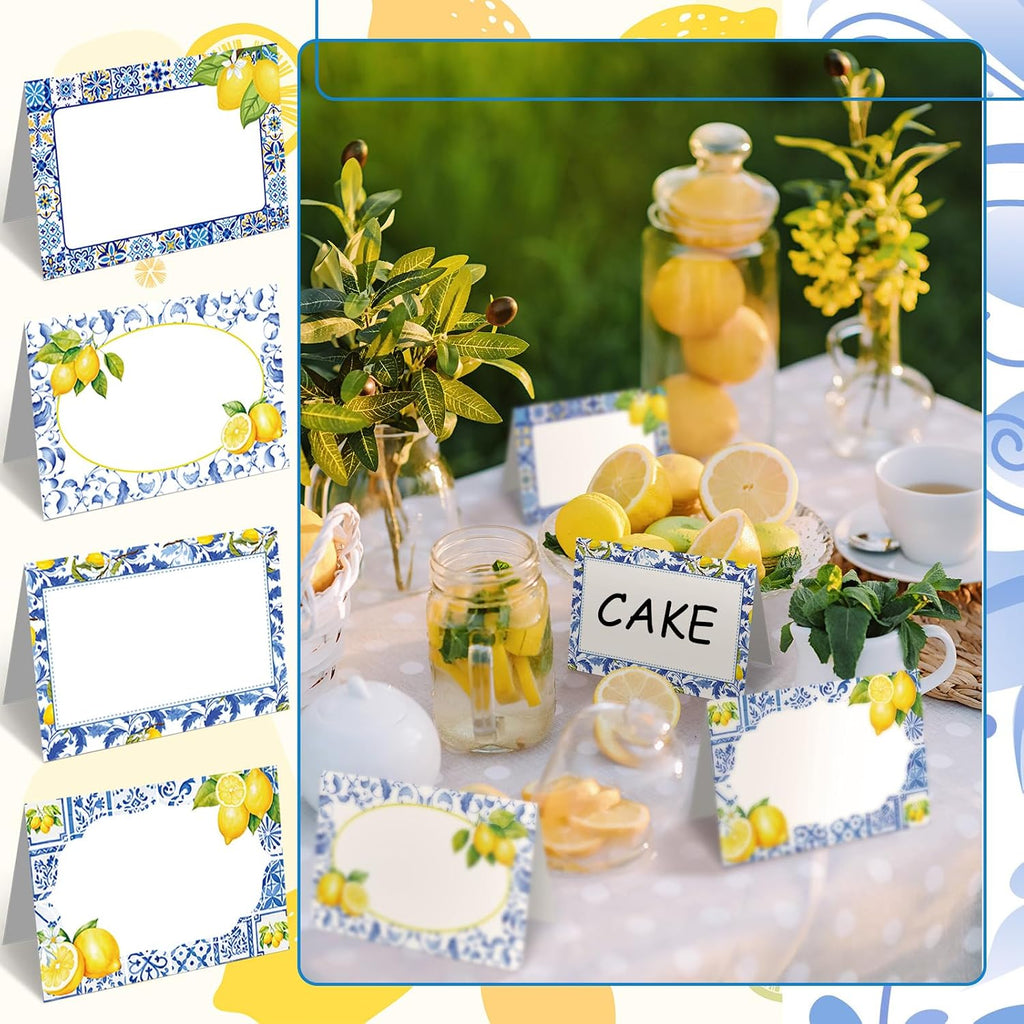 Jetec 48 Pcs Capri Lemon Place Cards Yellow and Blue Tile Table Name Cards Tent Placard Buffet Food Label for Table Setting Birthday Bridal Shower Italy Yellow Lemon and Amalfi Coast Party Decoration