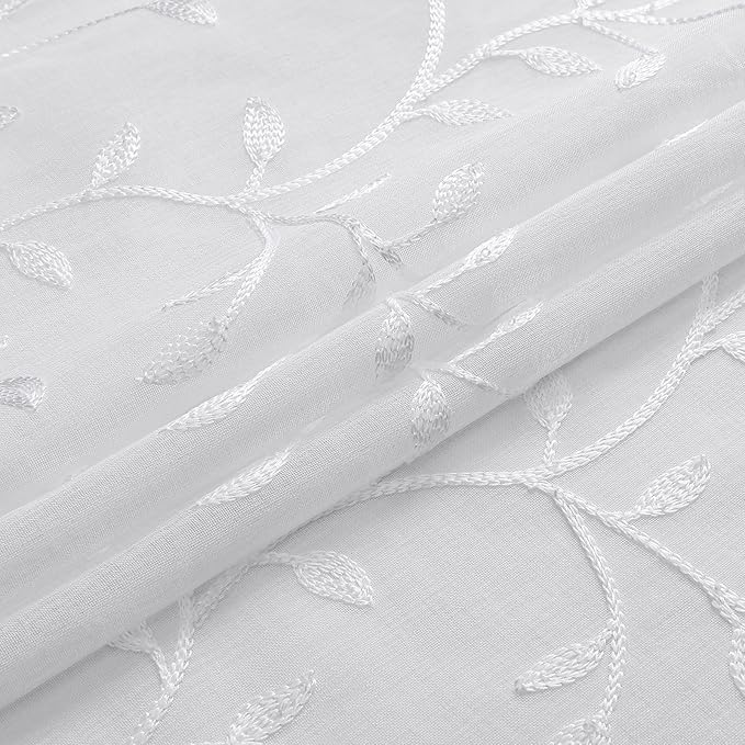 VISIONTEX White Sheer Voile Curtains, Decorative Leaves Embroidery Faux Linen Rod Pocket Window Drapes for Home Kitchen, Living Room and Bedroom 54 x 72 Inch, Set of 2 Curtain Panels