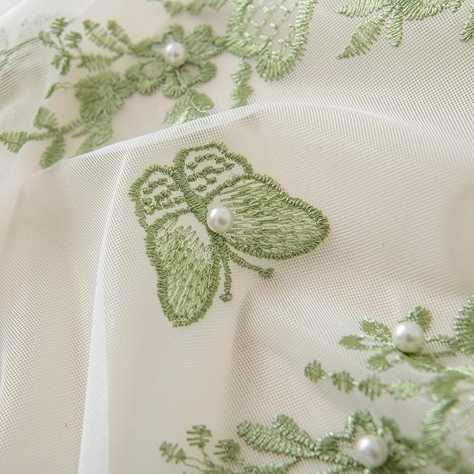VISIONTEX White Sheer Voile Curtains, Decorative Green Embossed Butterflies Rod Pocket Window Drapes for Home Kitchen, Living Room and Bedroom 54 x 72 Inch, Set of 2 Curtain Panels
