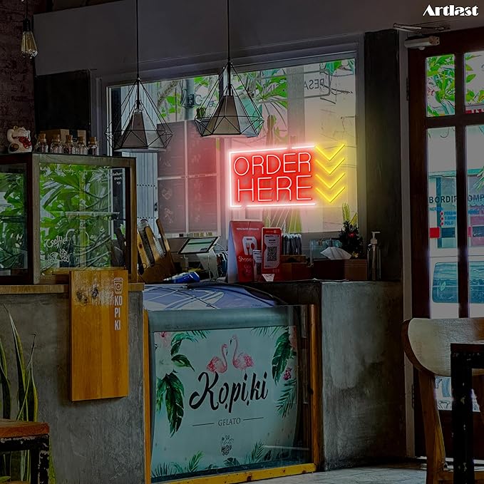 Order Here Neon Sign Red Light Up Order Here Sign for Store Supermarket LED Lights Order Decor Neon Lights Sign for Business Bar Shop Wall Decor