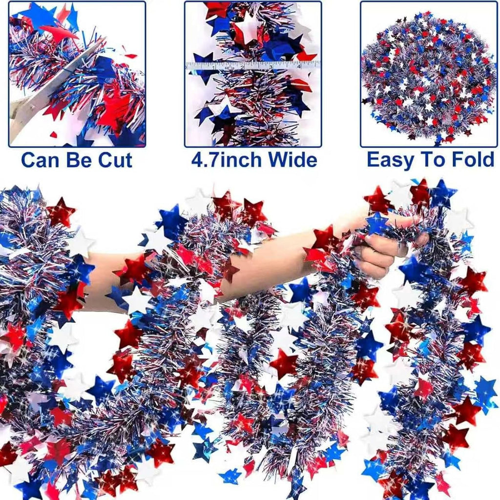50 Ft Patriotic Star Garland, Red White Blue Metallic Tinsel with 5-Pointed Stars, 4th of July & America 250th Anniversary Decorations for Independence Day Party Mantle Porch Fireplace | Shiny Metallic Tinsel Star Garland