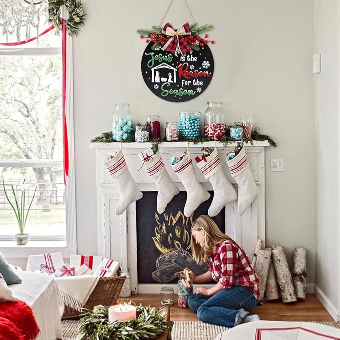CHDITB Jesus is The Reason for The Season Front Door Sign Wreath(11.4"), Red Green Christmas Decoration Wall Hanging with Snowflakes Bow Berries, Wooden 3D Farmhouse Xmas Decor for Porch Indoor