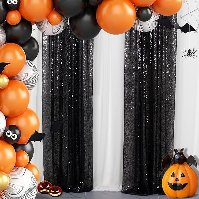 ShinyBeauty Sequin Curtains 4 Panels Black Backdrop Curtain Sequin Backdrops Sparkle Fabric Shimmer Photo Background for Halloween Parties Decor (2FTx8FT)