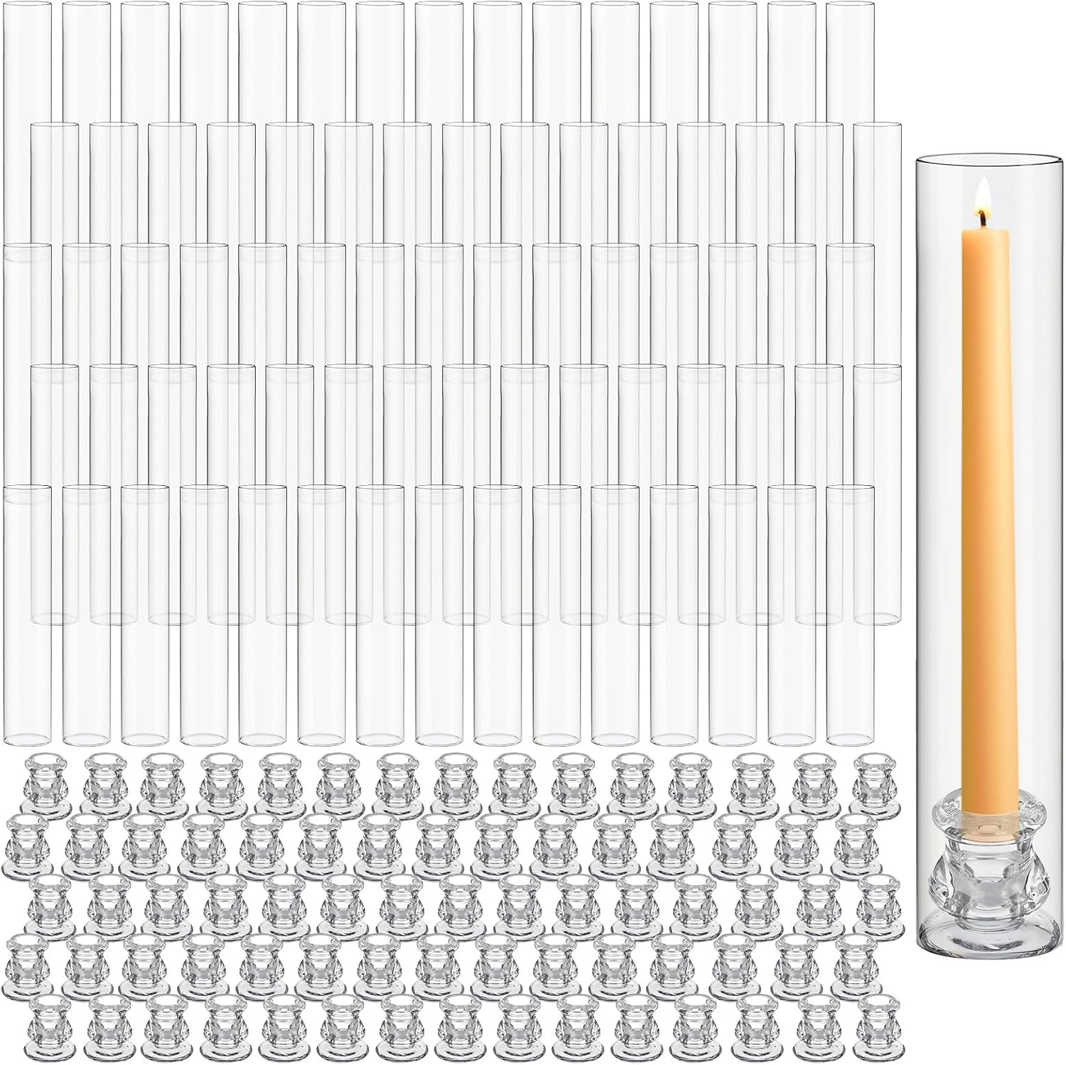 Teenyyou 24 Set Glass Hurricane Candle Holders Bulk 12.6" Open Ended Glass Candleholder Tube Shape Bottomless and 2.2" Taper Clear Candlestick Holders for Wedding Table Centerpiece (Clear)