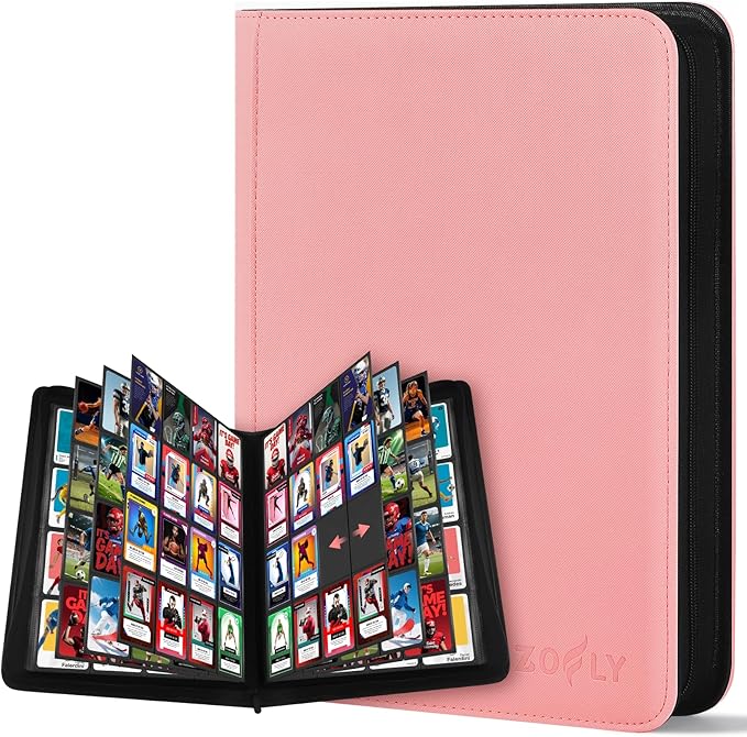 Card Binder 16 Pocket, Zipper Trading Card Binder Holds 1024 Cards, Double-sided Side Loading Card Storage Album, Ringless Card Protector, Card Collection Binder for TCG, MTG, Game Sport Card, Pink