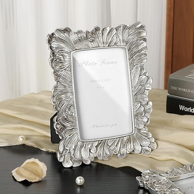 4x6 Silver Picture Frame, Vintage Silver Palm Leaves Textured Hand-Crafted Resin Frames with Glass Front, Elegant Retro Rustic Design Photo Frame for Wall and Tabletop Display Home Decor