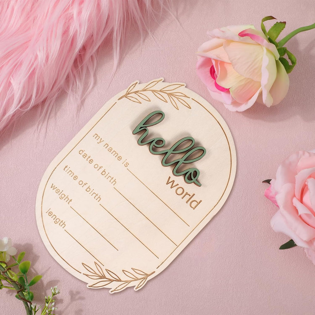 Baby Announcement Sign, 5.91x4.13 Inch Wooden Hello World Baby Name Sign Newborn Announcement Sign Birth Announcement Plaque for Home Hospital Nursery
