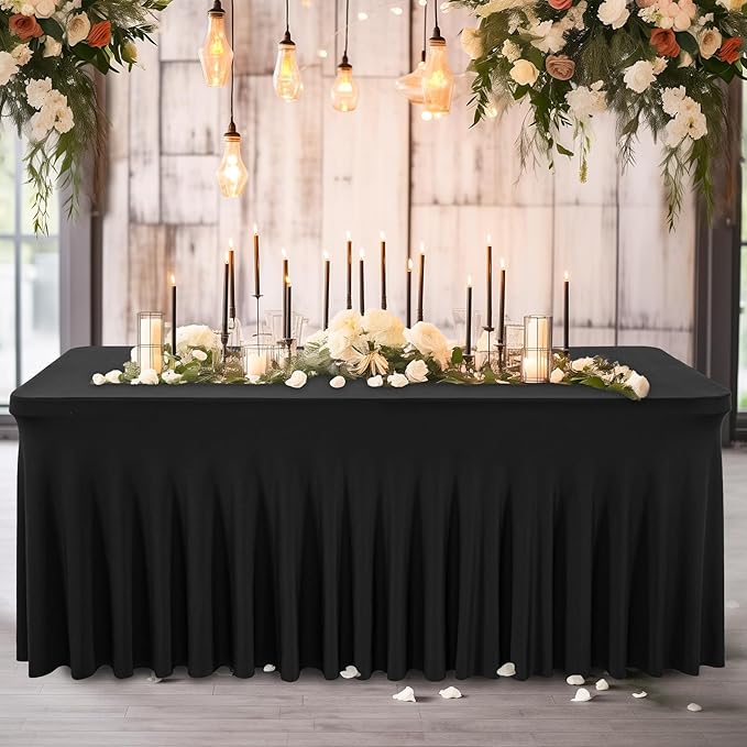 Wish Care 2 Pack Black Spandex Table Cloths for Rectangle Tables 8ft - One-Piece Wrinkle Free Fitted Table Cover 8 Foot Stretch Tablecloths for Party, Banquet, Wedding and Events