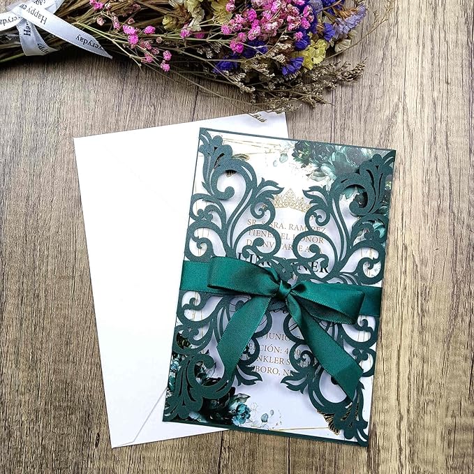 25PCS Laser Cut Wedding Invitations Cards with Envelopes,Blank Inner Sheets,Ribbons for Wedding Bridal Shower Quinceañera Engagement Birthday Invites (pearl emerald green)