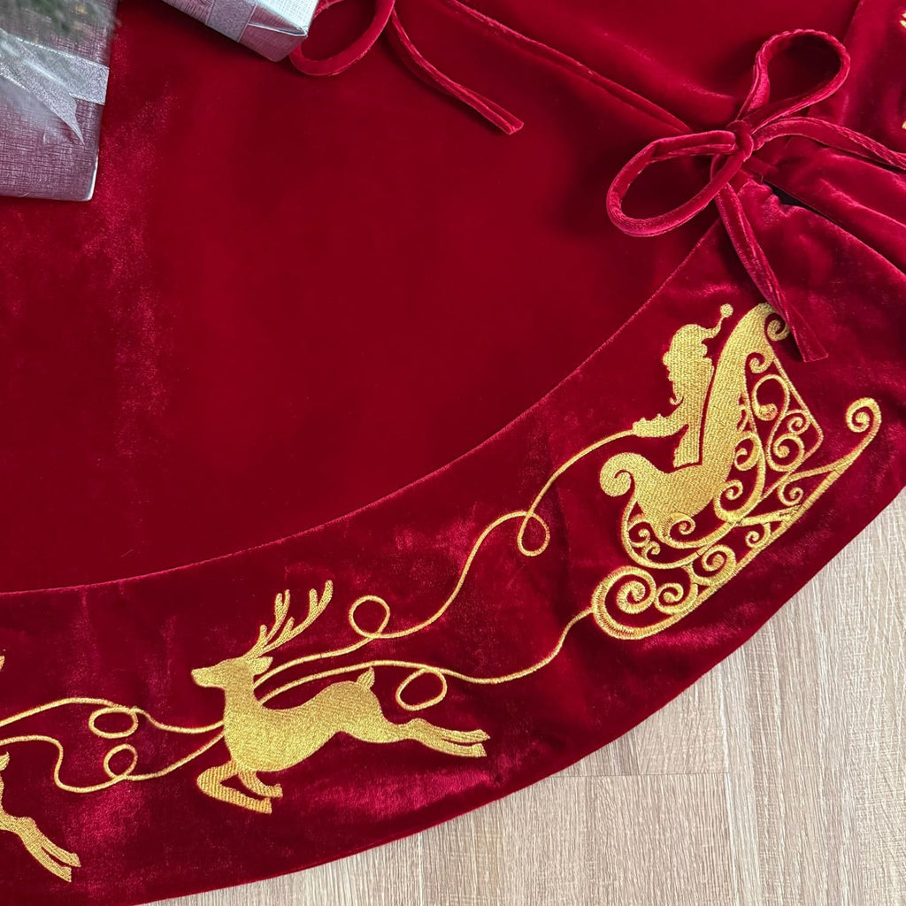 60-Inch Velvet Christmas Tree Skirt with Gold Reindeer and Santa’s Sleigh Embroidery, Lace Tie Closures, Wine