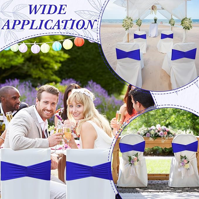 Moukeren 100 Pcs Spandex Chair Sashes Bows Bands Slider Sashes for Chair Covers Elastic Bands Ties Ribbon Decorations for Wedding Party Events Ceremony Birthday Banquet(Royal Blue)