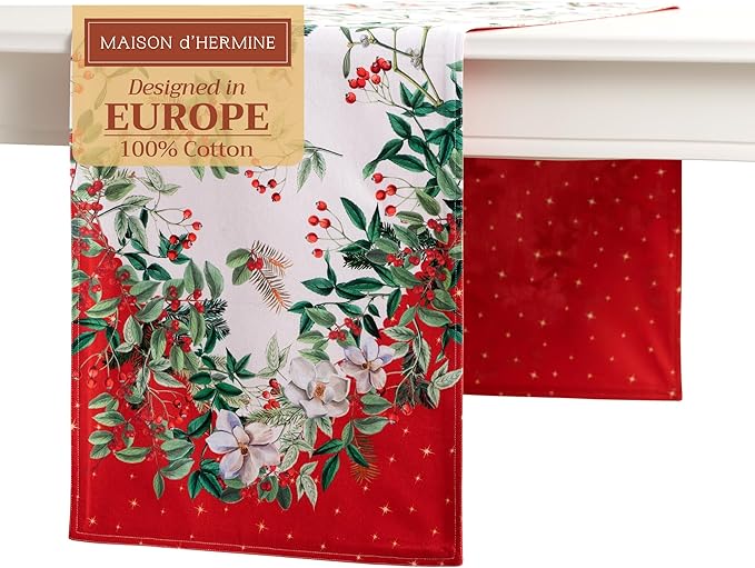 Maison d' Hermine Table Runner 100% Cotton Double Layer Table Runners 108 inches Long for Thanksgiving Christmas Decorations Home Kitchen Dining Party Wedding (Noel, 14.5" x 108")