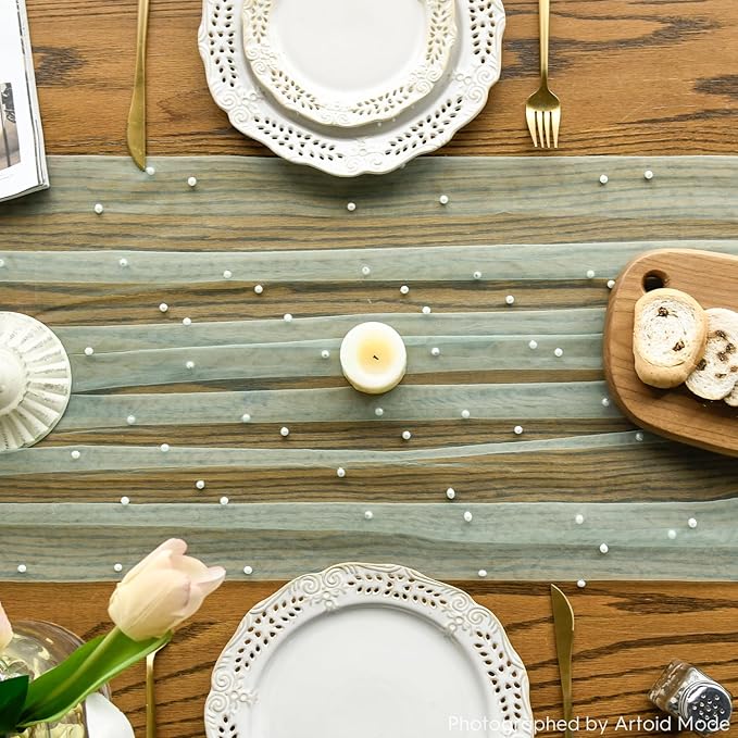 Artoid Mode Pearl Grass Green Gauze Table Runner 59x120 Inch , Seasonal Sheer Kitchen Dining Holiday Wedding Birthday Baby Shower Table Decor for Home Party