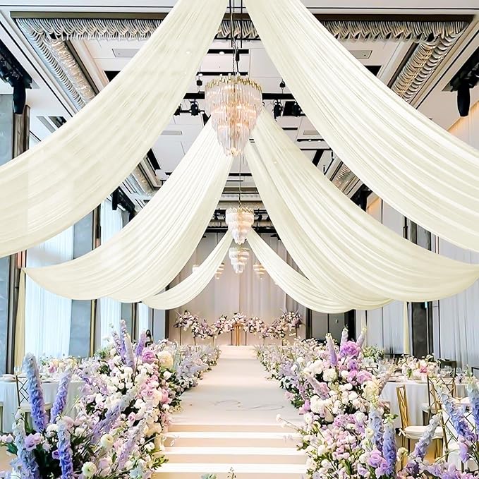 4 Panels Ivory Ceiling Drapes for Wedding 5ftx20ft Sheer Drapery Chiffon Fabric Arch Draping Curtains for Party Ceremony Birthday Baby Shower Reception Stage Ceiling Decorations