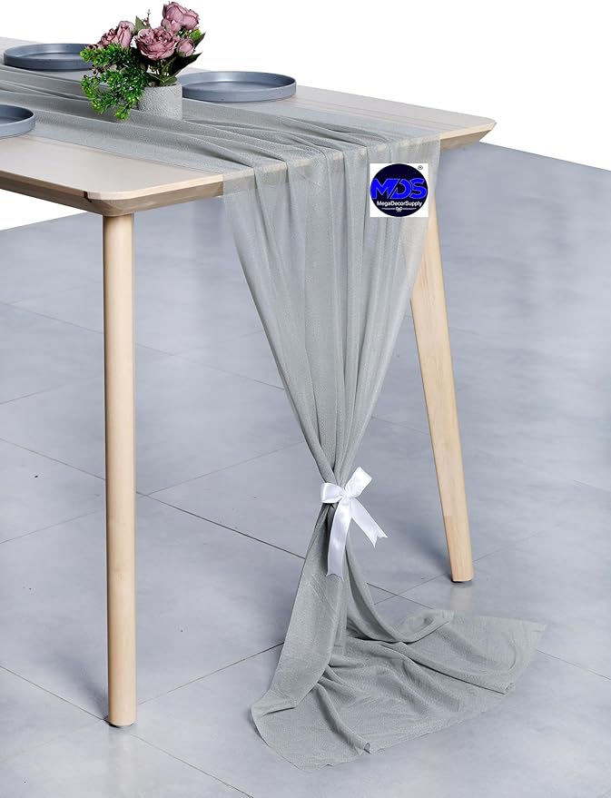 MDS 2 Pack 10ft Chiffon Table Runner 29 x 120 Inches Sheer Wedding Runner Romantic Rustic Table Runner for Wedding Decorations, Birthday Parties, Bridal Shower Party Arch Decor - Gray