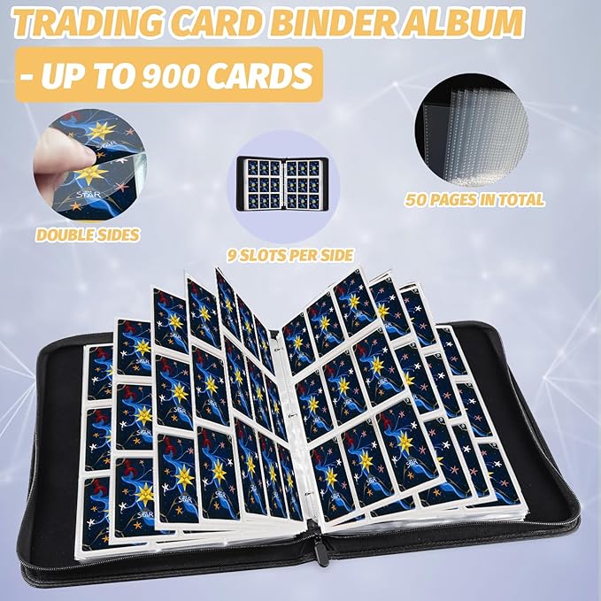 Trading Card Binder, 900 Pockets Card Binder, 9-Poccket Sided Pocket Sports Card Binder, Premium Card Binders Compatible with MTG, TCG, Baseball Cards(Carbon Black)