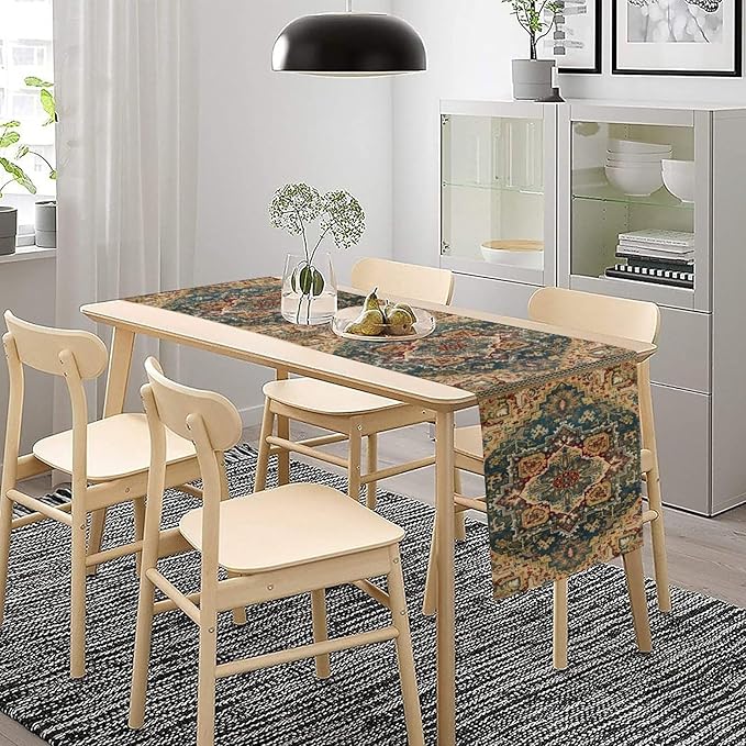 Boho Bohemia Style Table Runner, Country Rustic Farmhouse Vintahe Colorful Geometry Print Table Runner for Home Kitchen Dinner Party Holiday Decor, 13x70inch