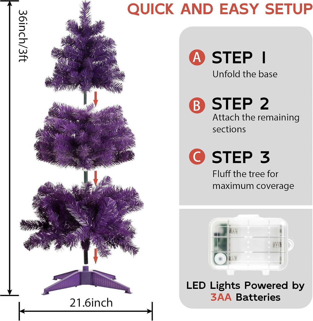 Purple 3ft Christmas Tree with Lights, Halloween 36inch Artificial Small Tree...