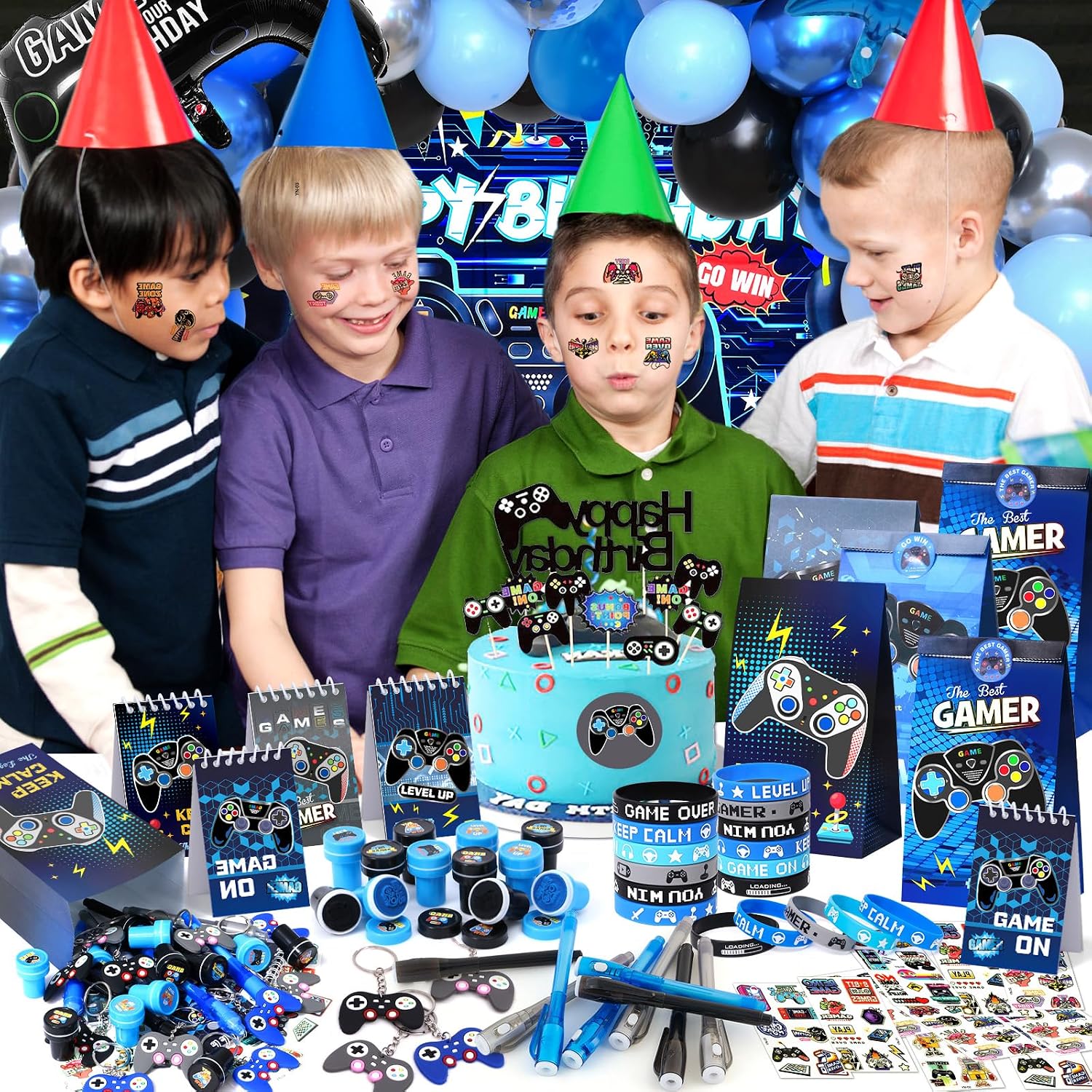 84Pcs Video Game Party Favors Birthday Supplies Kids Boys Invisible Ink Pen Notebook Silicone Bracelet Stamper Tattoo Sticker Gaming Toy Gift Bag Goodie Bag Stuffers Gamer Party Favors