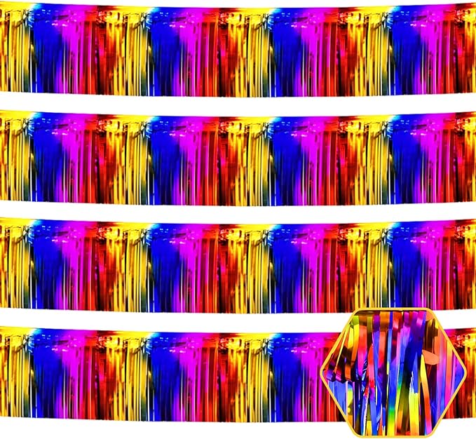 4 Pack 10 Feet Rainbow Foil Fringe Garland Metallic Tinsel Streamers Banner Wall Hanging Curtain Backdrop for Parade Floats, Wedding, Graduate, Mother's Day, Birthday Party Decoration