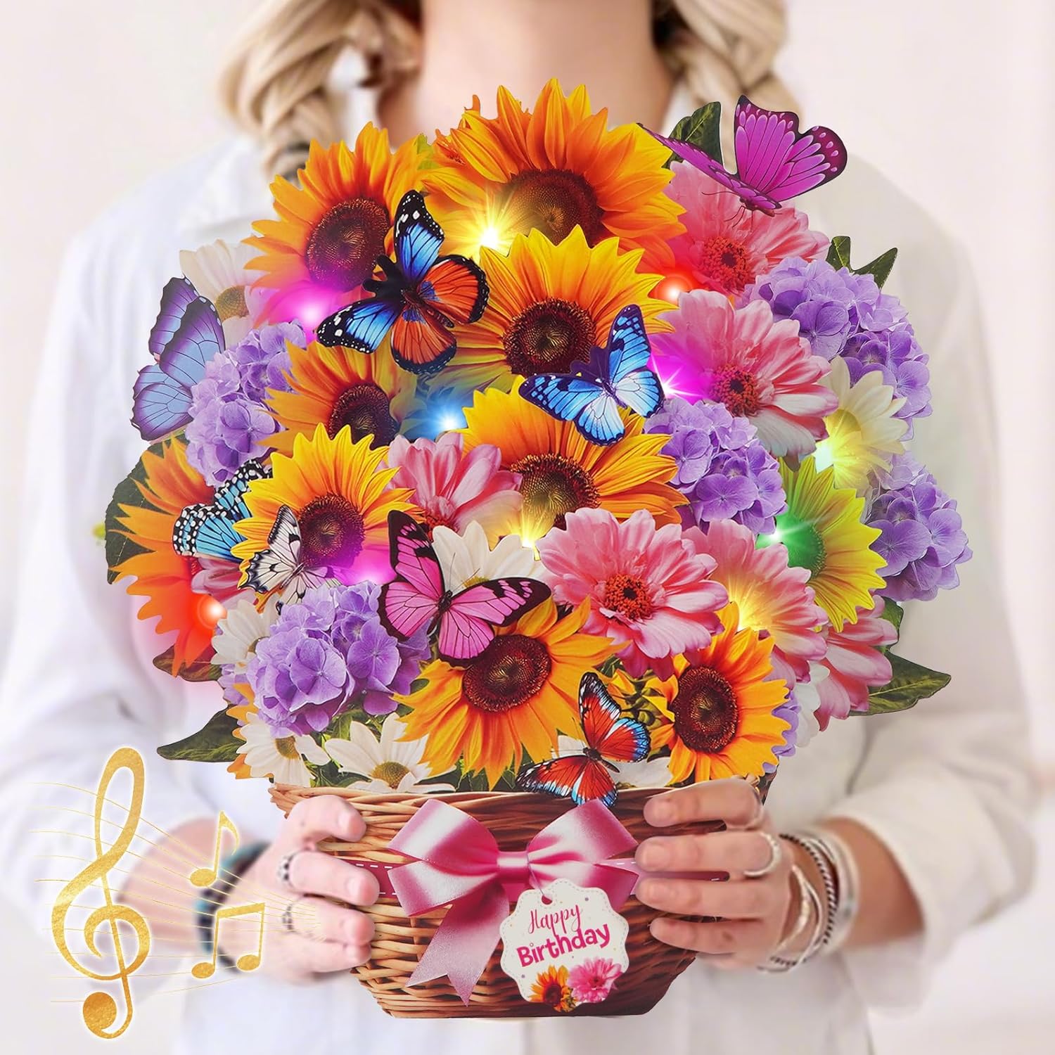 MZD8391 Birthday Cards with MUSIC & LIGHTS, Pop Up Happy Birthday Card, Sunflower & Butterfly, 10 Inch Life Sized Forever Flower Bouquet Gifts for Women Mom Grandma