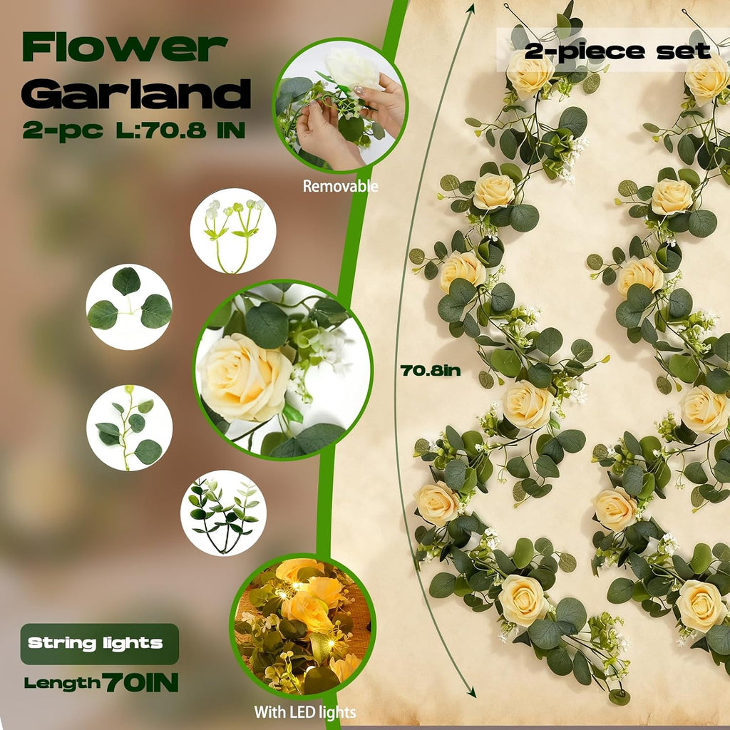 5.9 ft artificial flower garland with lights, fake, close-up detail