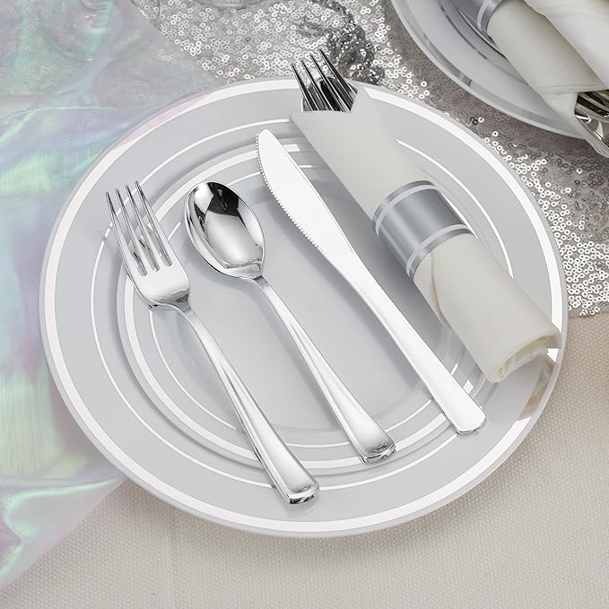 50 Pack Pre Rolled Silver Plastic Silverware Set, Disposable Wrapped Plastic Cutlery Set (50 Forks, 50 Knives, 50 Spoons, 50 Napkins) for Wedding Party