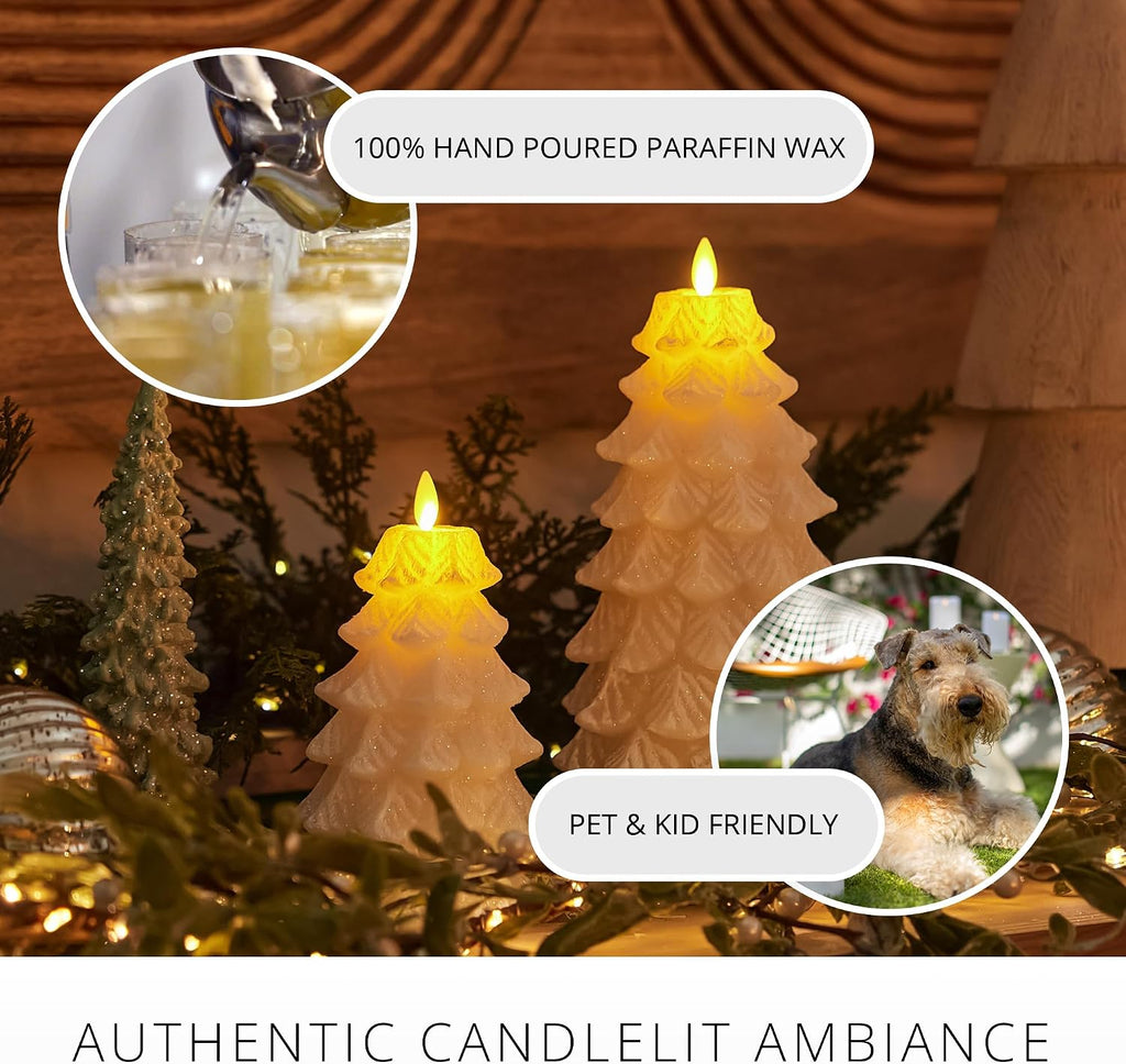 Luminara Christmas Tree Flameless LED Candle, White Swan 5.35" x 8.5", Moving Flame Battery Operated Timer, Holiday Decor, Glitter Snow Finish Safe