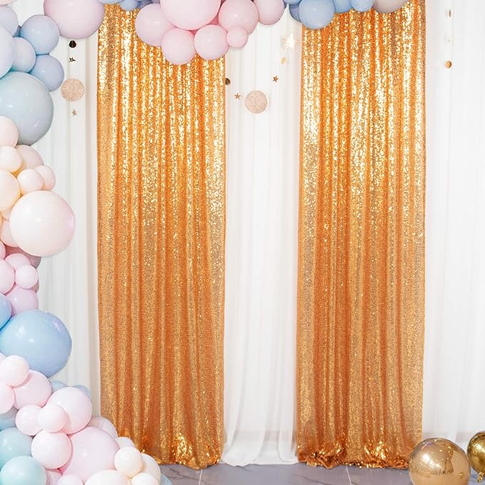 ShinyBeauty Sparkle Backdrop Curtain Gold 2 Panels Set Sequin Photo Backdrop 2FTx8FT Sequin Backdrop Curtain Pack of 2-1220S